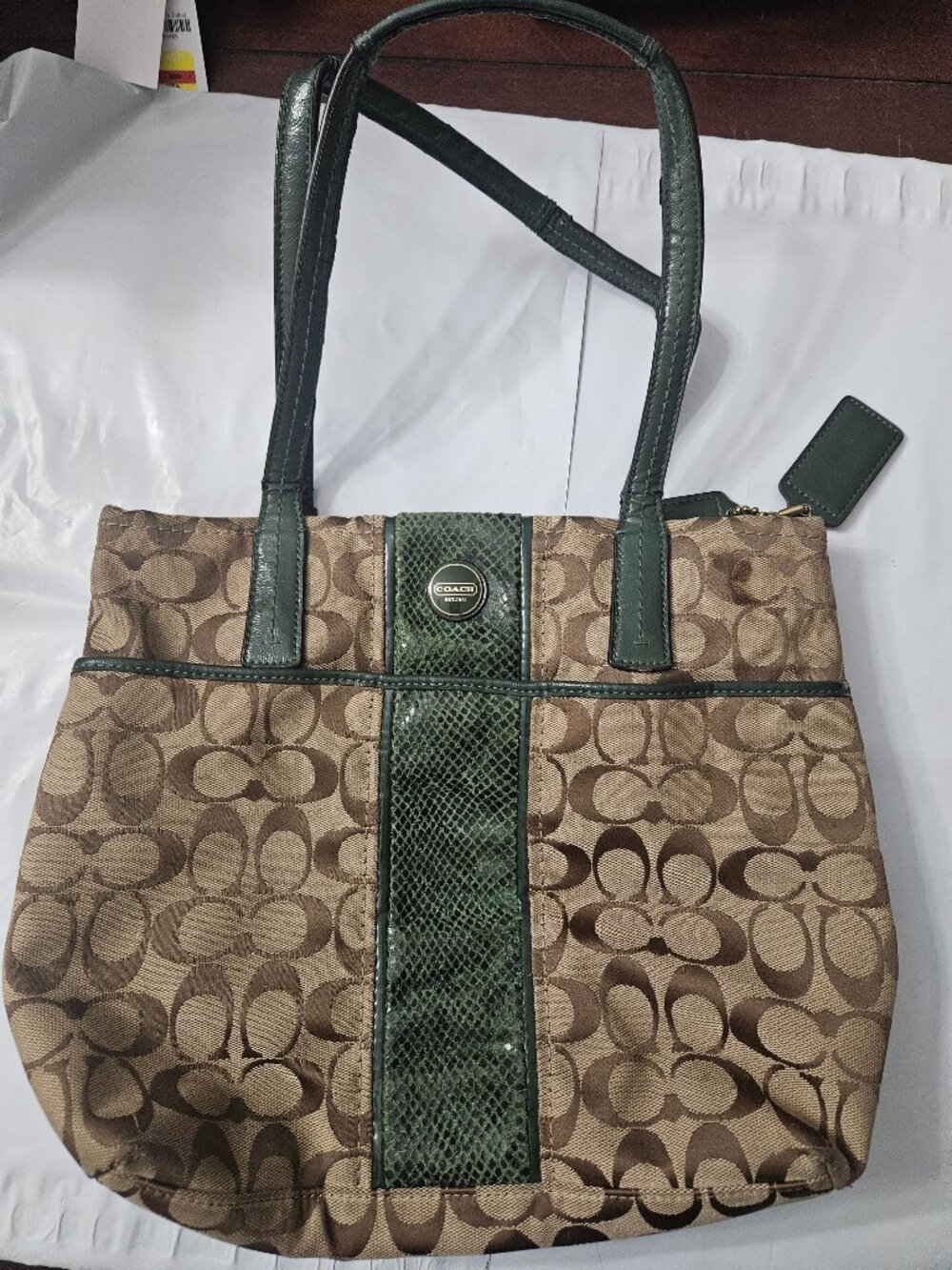 COACH Brown/Khaki Green Python Stripe Bag. Style No. F1361-F25706